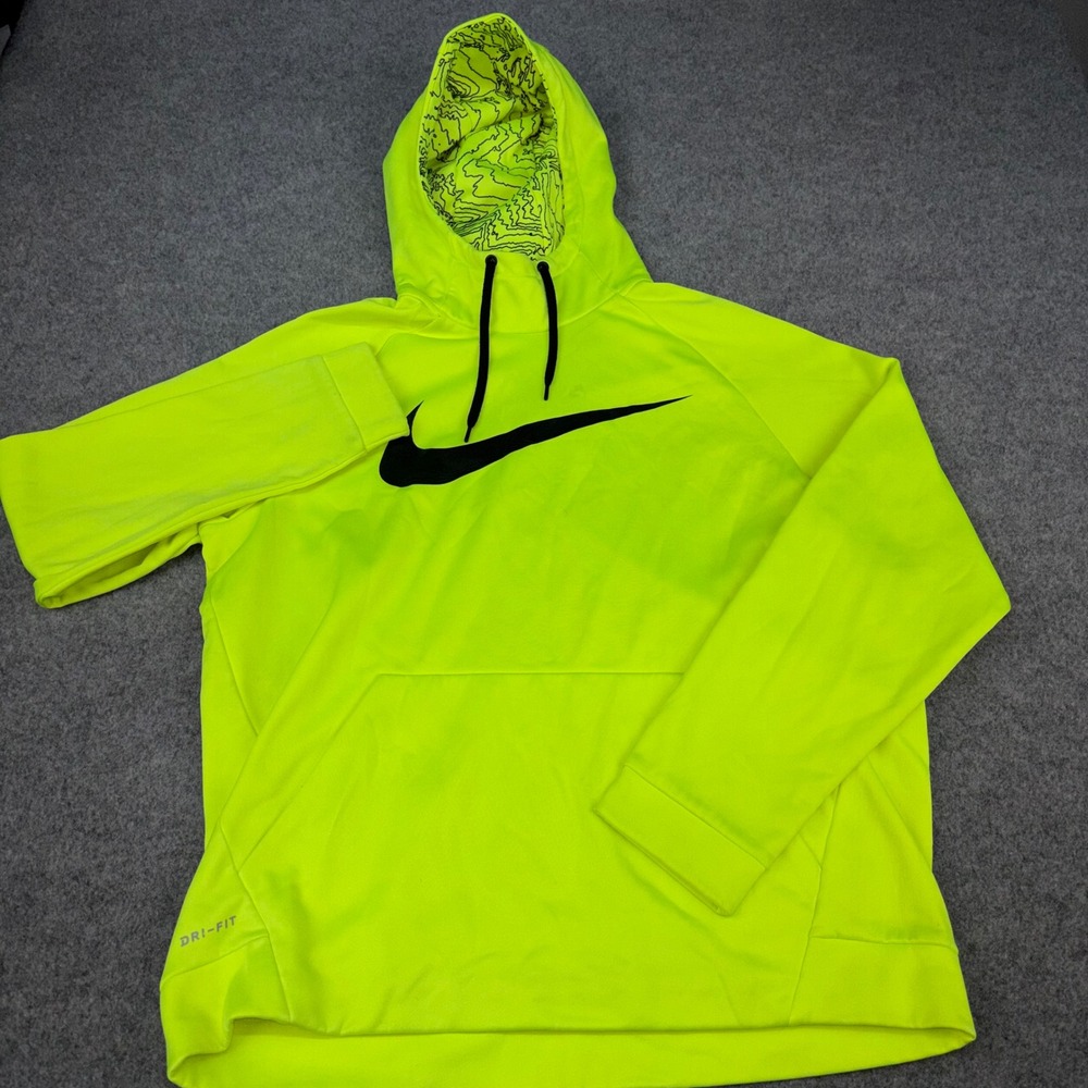 Nike Dri Fit Hoodie Mens XL Neon Yellow Swoosh Logo Pullover Athletic Sweatshirt